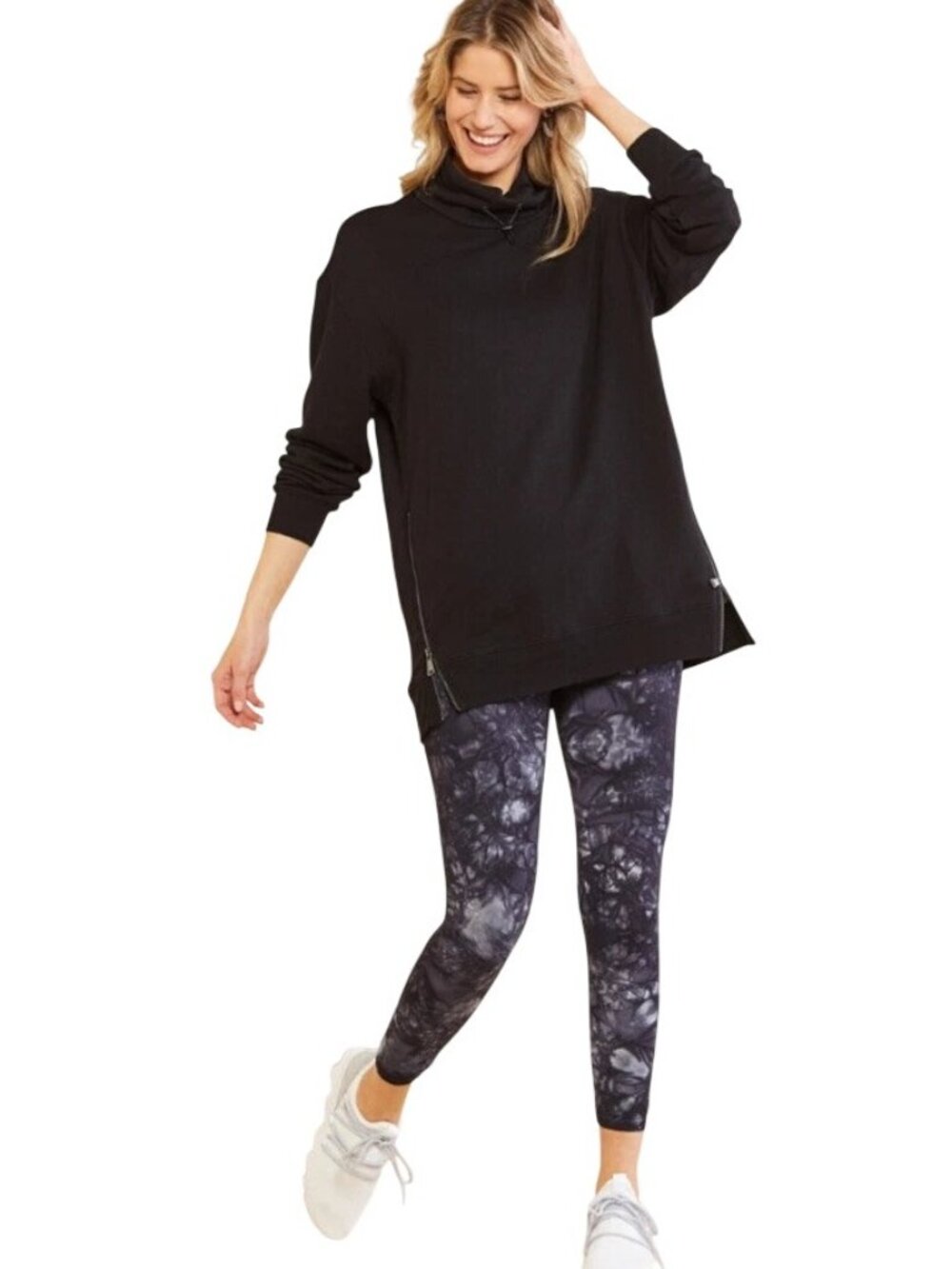 David Lerner Evereve Tunic Sweatshirt Small Cowl Neck Long Sleeve Pullover Black